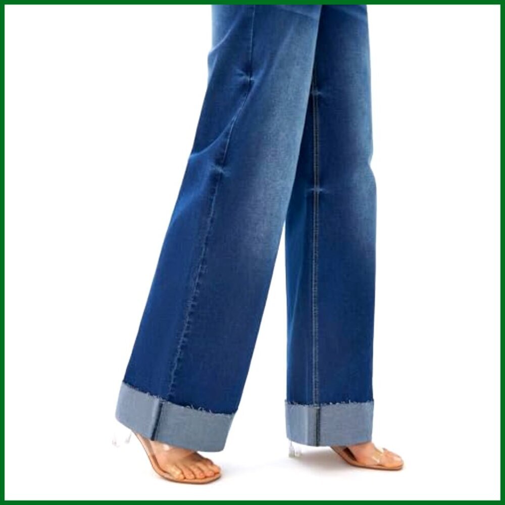High Waisted Stretchy Wide Leg Jeans Cuffed Baggy Loose Denim Pants - Picture 4 of 7